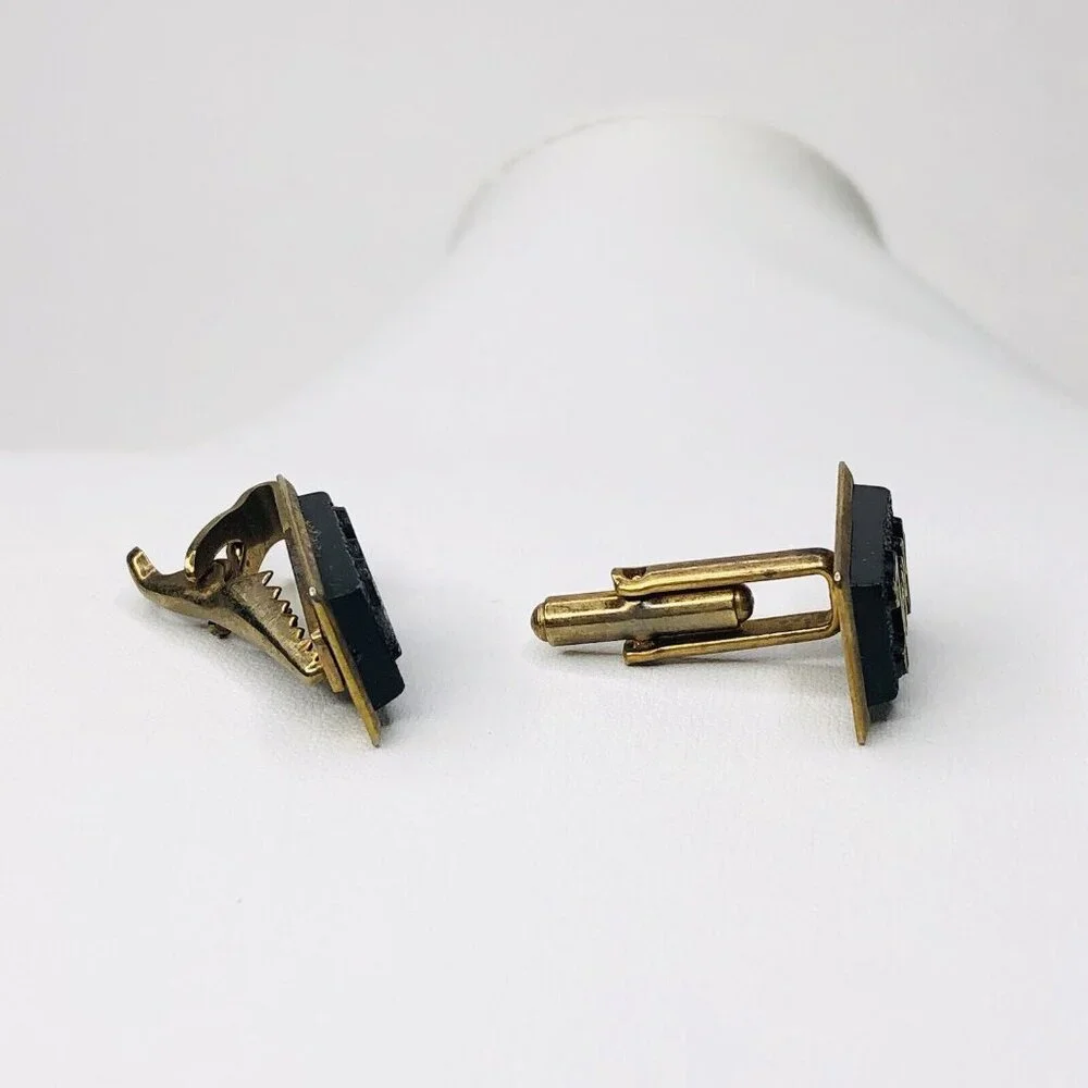 Vtg Men JONY Tie Clip & Cufflink Black Gold tone Wedding Groom Gift Rectangle